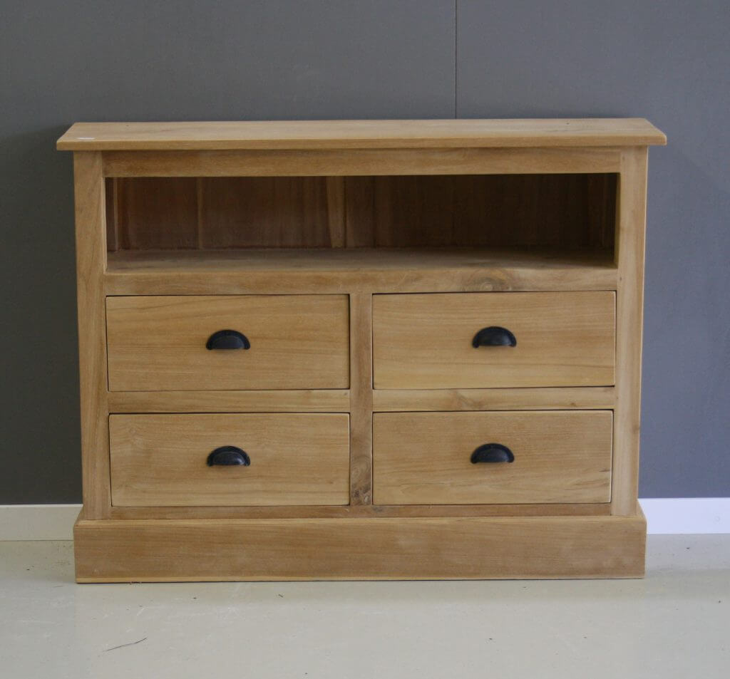 ondiep tv meubel met vier laden van teakhout