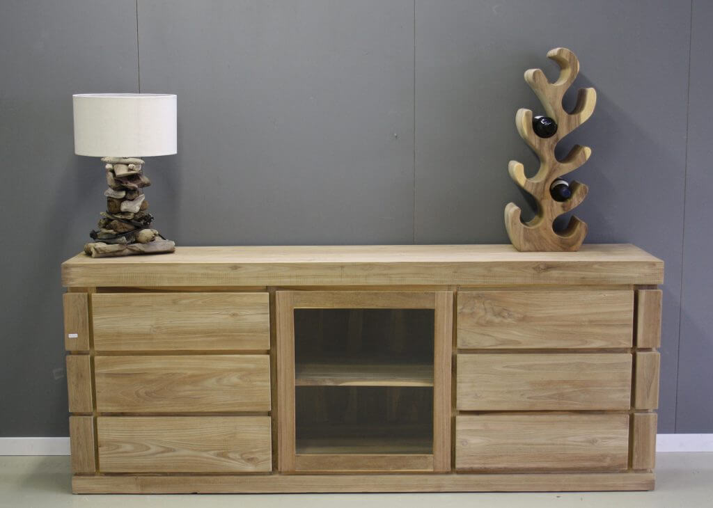 strak teak dressoir zes laden een glasdeur