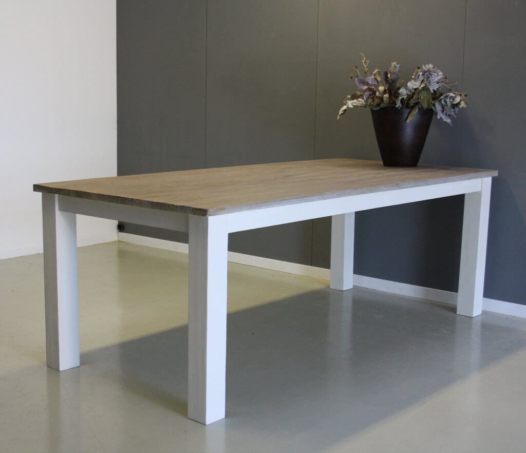 Tafel teak met wit blokpoot
