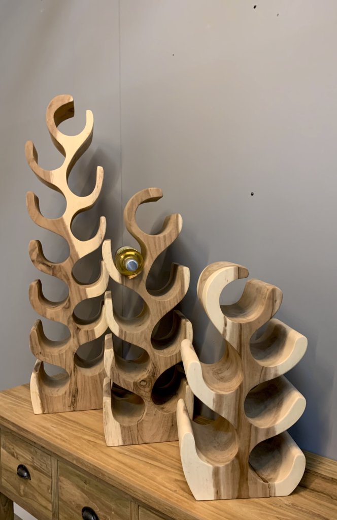 Decoratief wijnrek van teakhout in verschillende maten