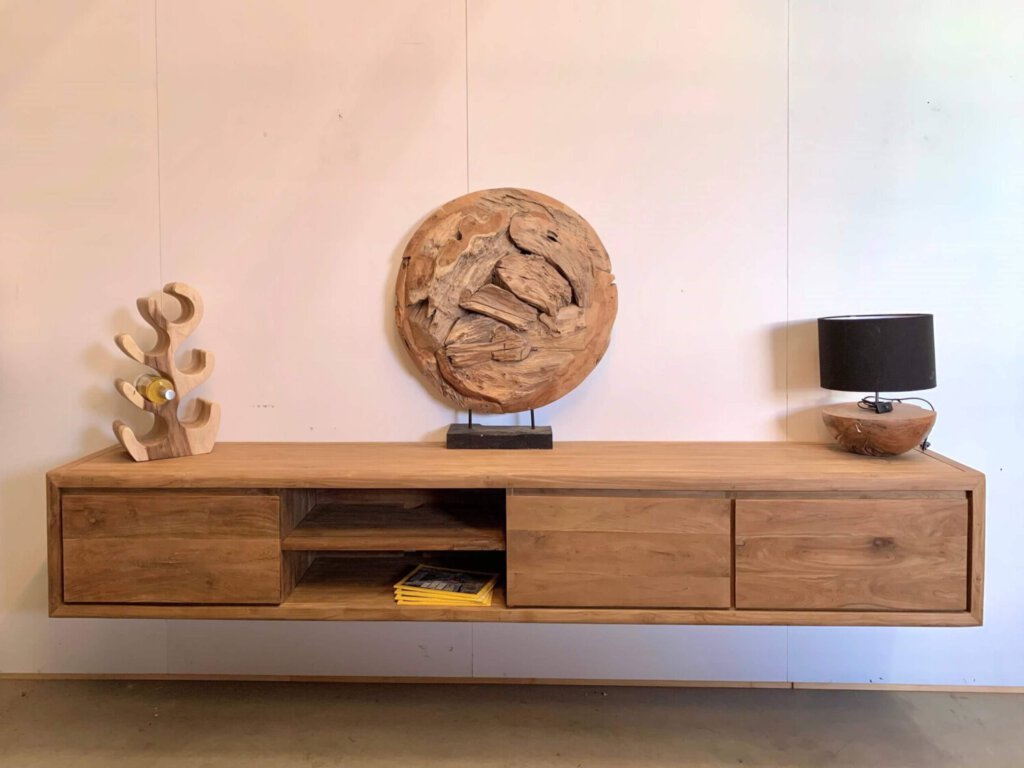 zwevend tv meubel massief teakhout