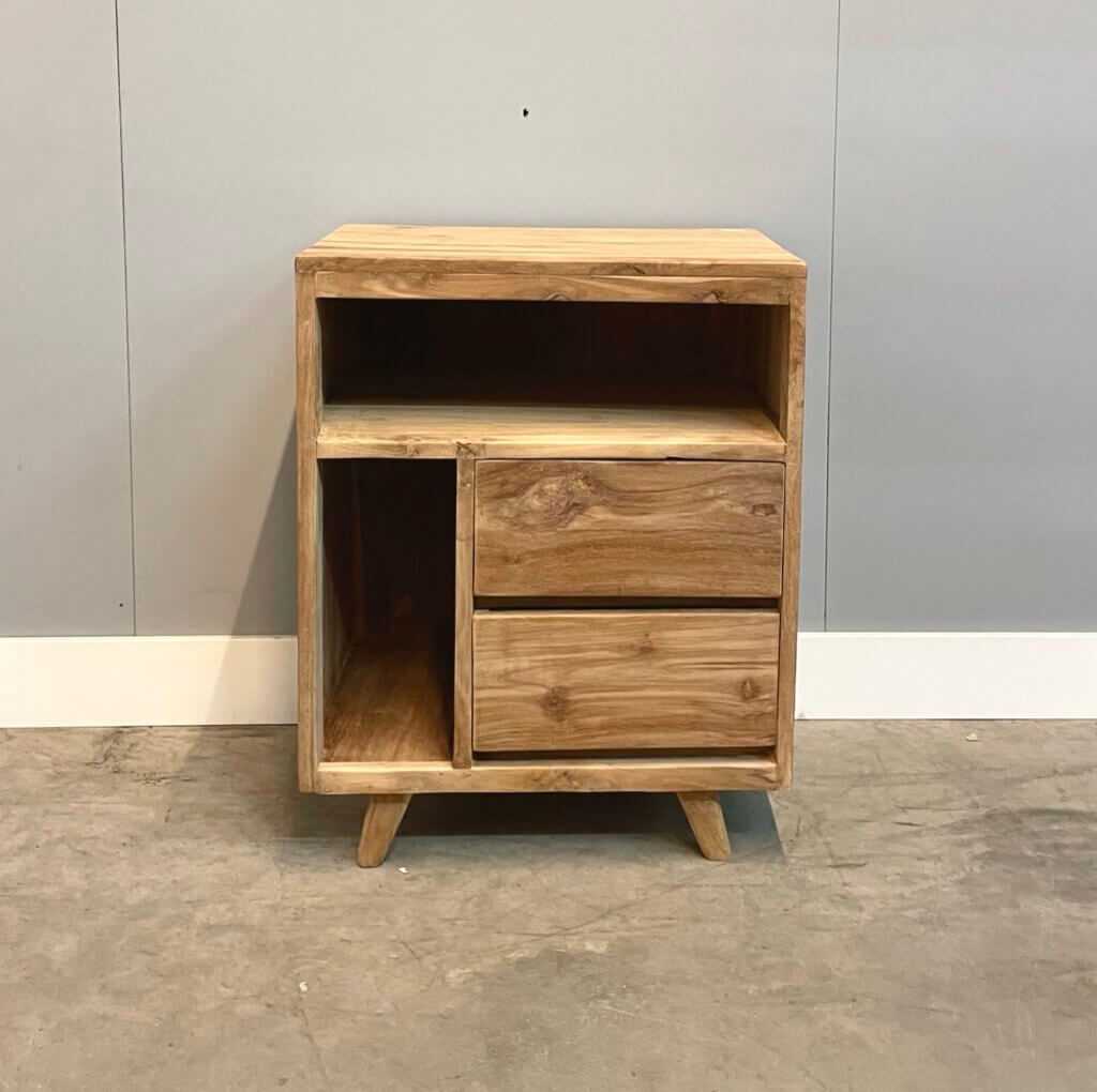 A-symmetrisch nachtkast van teakhout