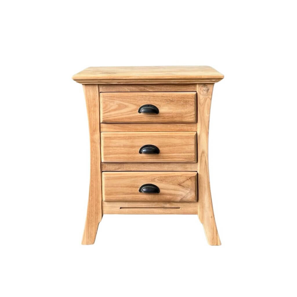 nachtkast met 3 laden gemaakt van teakhout